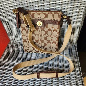 COACH ~ Hampton CC Brown & Tan Canvas/Leather Trim Crossbody Bag ~ EUC